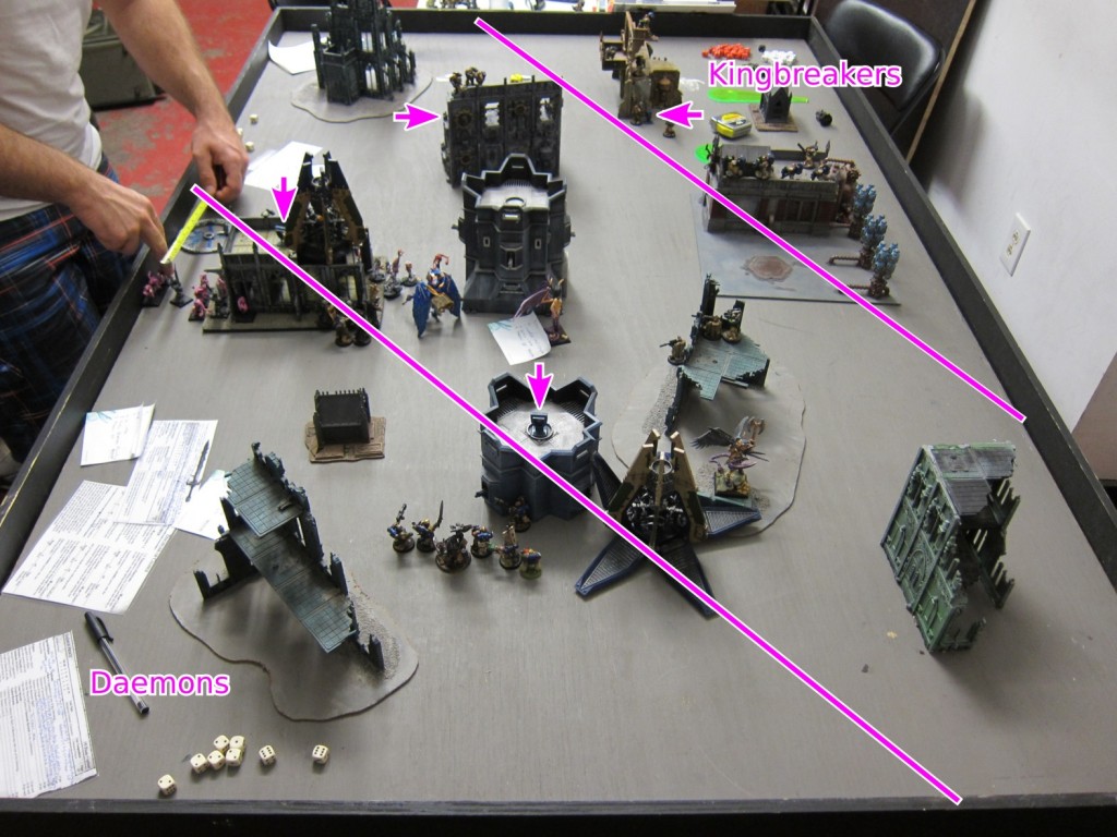 The photo is from the bottom of Turn 3, but shows deployment zones and objectives placement.