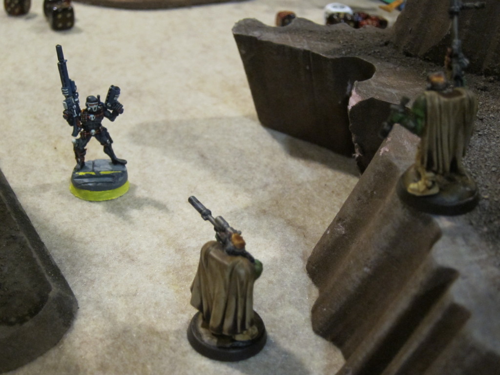 Scouts warily approach an Imperial double agent (for the covert mission this guy flipped sides).