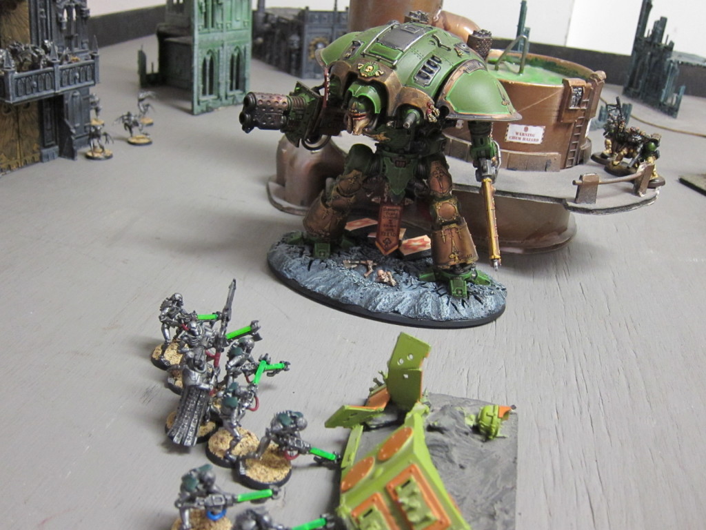 The Knight Errant Greenheart fights Necron among the colony's installations.