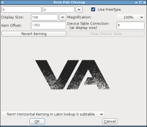 Inspecting kerning in FontForge.