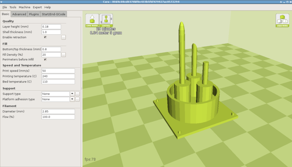 The antenna ready to print in Cura, a popular slicing and control package.